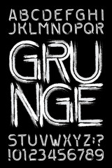 Poster - grunge alphabet font. damaged uppercase letters and numbers on black background. stock vector typesc