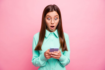 Wall Mural - photo of pretty lady open mouth holding telephone hands reading followers comments bad reactions wea