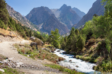 Fototapete - Beautiful summer  view of mountains, stormy mountain river and narrow  track. Hiking on mountain. 