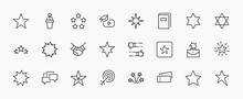 Set Of Stars Vector Line Icons. Contains Such Icons As Starry Night, Falling Star, Firework, Twinkle, Glow, Glitter Burst And More. Outline Signs For Glossy Material. Editable Stroke. 32x32 Pixels.