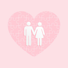 Valentines Day Men and Women happy with love jigsaw heart backdrop. Vector illustration style.