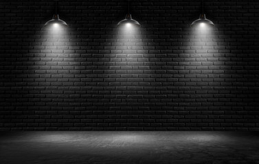 Wall Mural - empty black wall with spotlights background for product show with elegant light and cement floor. in
