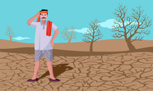 Drought Conditions India, Cracked Land And Worried Indian Farmer Vector