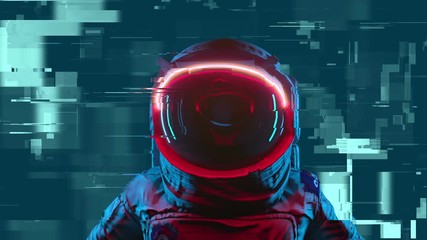 digital pixel noise glitch art effect on the astronaut in space with neon lights. retro futuristic d