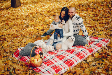 Family in a autumn park. Woman in a white sweater. Cute newborn little boy with parents