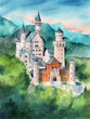 Watercolor illustration of the Bavarian Neuschweinstein castle in the mountains covered with dense green forest