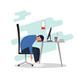 © Helenshi - Professional burnout concept. Young exhausted male manager sits at table in the office, long work day. Frustrated worker mental health problems. Vector illustration in flat cartoon style.