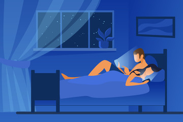 Poster - Couple lying in bed and using mobile phones. Gadget and internet addicted users flat vector illustration. Addiction, unhealthy habit, sleepless concept for banner, website design or landing web page