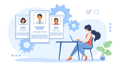 Poster - Recruit agent analyzing candidates. HR manager studying employees profiles on internet flat vector illustration. Rate, staff, human resource concept for banner, website design or landing web page