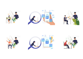 Aufkleber - Set of cyber burglars breaking private info. Flat vector illustrations of cyber criminal hacking into digital devices. Hacker attack concept for banner, website design or landing web page