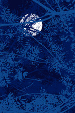 Stylish Dark Vector Illustration With A White Full Moon In A Deep Bleu Sky Seen Through Blue Rough Silhouettes Of Branches And Leaves. Summer Night Scene.