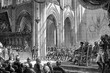 Restoration of the Te Deum cult in the church of Notre Dame. Antique illustration. 1890.
