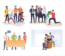Set Of Family Resting And Having Fun. Flat Vector Illustrations Of People Spending Leisure Time. Family Communicating And Resting Together  Concept For Banner, Website Design Or Landing Web Page