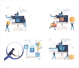 Poster - set of cybercriminals cracking software. flat vector illustrations of people breaking into computer.