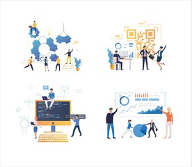 Poster - Set of software developers creating application. Flat vector illustrations of people writing program. Analyzing information, programming, coding concept for banner, website design or landing web page
