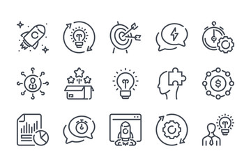 Poster - Startup related line icon set. Creative idea linear icons. Launch of the project outline vector sign collection.