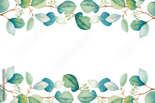 Watercolor eucalyptus leaf  frame. Floristic design elements for floristics. ...