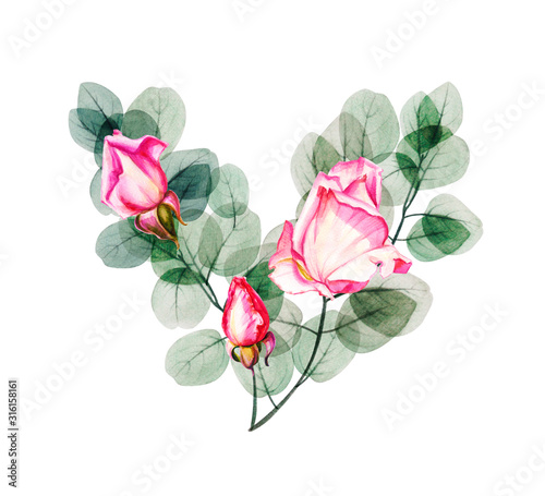 Watercolor eucalyptus and roses heart. Floristic design elements for floristi...