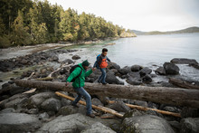 Father And Son Crossing Rocks And Fallen Log On Rugged Beach