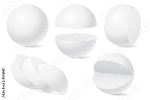Fotografía Sphere set. Whole and cut in pieces. White templates