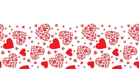 Wall Mural - Heart with marijuana leaves seamless vector pattern border.Valentine's day background