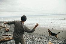 Man Throwing Stick For Dog On Rugged Beach