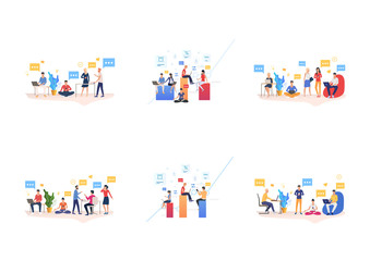 Poster - Corporate communication set. Team using smartphones, laptop chatting online, talking. Flat vector illustrations. Teamwork, work on project concept for banner, website design or landing web page