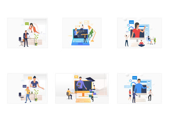 Aufkleber - Online training set. Trainer speaking on computer monitor, people talking on cell. Flat vector illustrations. Learning, seminar, customer support concept for banner, website design or landing web page