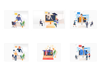 Aufkleber - Customer help set. People consulting professional, talking on phone, using video call. Flat vector illustrations. Online support, education concept for banner, website design or landing web page