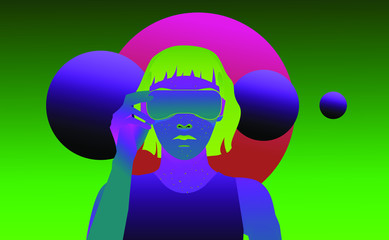 Poster - Woman wearing virtual reality headset, consept of futuristic immersive and interactive education or gaming. Cyberpunk retrofuturistic style illustration with neon vibrant color accents.