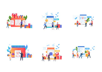 Sticker - Store special offers set. Customers buying goods at sale, getting gifts. Flat vector illustrations. Shopping, loyalty program, discount concept for banner, website design or landing web page