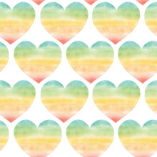 Watercolor Hearts Seamless Pattern. Repeating Background With Hand Drawn Red Heart Shapes In Rainbow Colors On White Backdrop. Valentines Painting. Kids Decor.