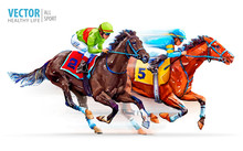 Two Racing Horses Competing With Each Other. Hippodrome. Racetrack. Equestrian. Derby. Speed. Sport. Champion. Isolated On White Background. Vector Illustration