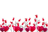 Fototapeta Kwiaty - Seamless border of simple red mini roses on stems with hearts pairs. Romantic decoration. Symbol of Valentine's festive. Watercolor hand painted elements isolated on white background.
