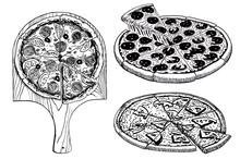 Hand-drawn Set Of Pizza Isolated On White , Jpg Illustration, Fast Food