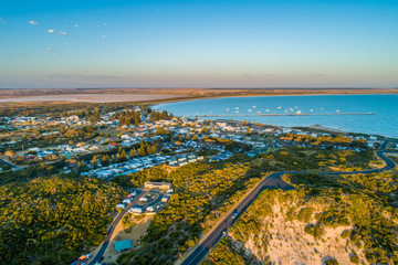 Wall Mural - Aerial view of Beachport township and jetty at sunset