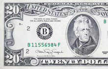 Portrait Of US President Andrew Jackson On 20 Dollars Banknote Closeup Macro Fragment