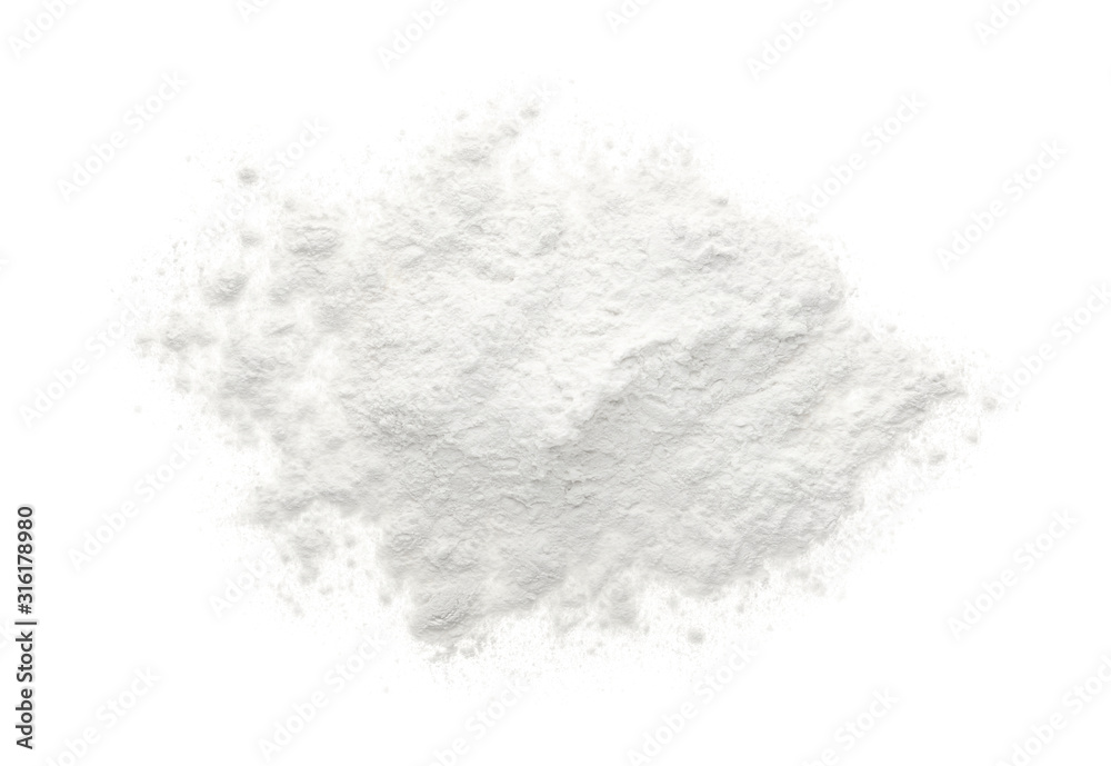 Pile of organic flour isolated on white, top view - obrazy, fototapety, plakaty 