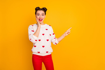 Sticker - Photo of beautiful lady arm on cheekbone indicate finger empty space low price shopping open mouth wear hearts pattern white sweater red pants isolated yellow color background