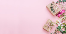 Craft Paper Wrapping Gift Boxes On Pink Background