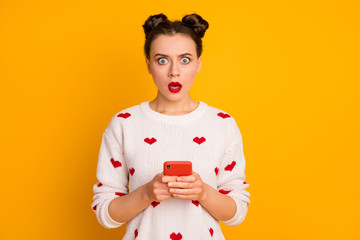 Wall Mural - portrait of her she nice-looking attractive lovely pretty glamorous mad angry worried girl using cel