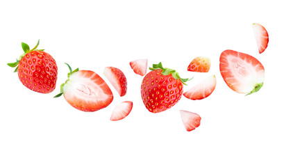 fly strawberry Fresh sliced piece . healthy fruit strawberry on white background isolated