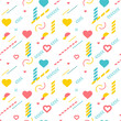 Seamless pattern with bright heart, dynamic shapes and other geometric particles. Concept love. Vector white background.