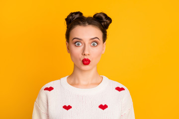 Wall Mural - Close-up portrait of her she nice-looking gorgeous attractive lovely lovable pretty charming cute amazed funny girl sending air kiss isolated on bright vivid shine vibrant yellow color background