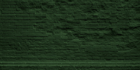 Old Green Texture Of Brick Wall. Old Green Brick Building Surface. Wall With Cracked Structure Grunge Background. Toned Wall Background. Abstract Web Banner.