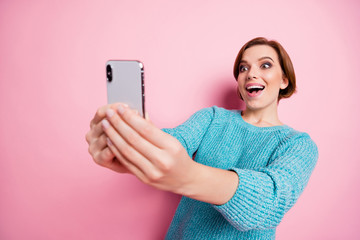 Sticker - Portrait of her she nice attractive lovely funky excited cheerful cheery brown-haired girl taking making selfie having fun isolated over pink pastel color background