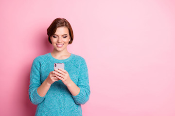 Sticker - Portrait of her she nice attractive lovely charming cheerful cheery addicted brown-haired woman using fast speed wi-fi connection isolated over pink pastel color background