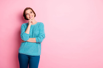 Poster - Portrait of her she nice attractive lovely cheerful cheery brown-haired girl thinking creating new solution strategy life opinion point of view isolated over pink pastel color background