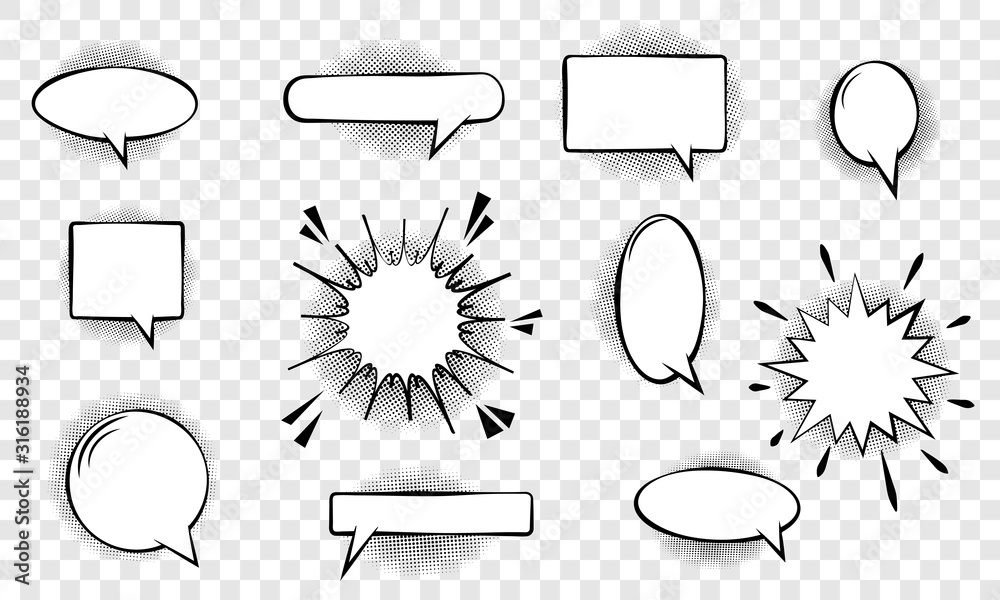 Set of retro empty comic bubbles and elements with dots halftone as ...