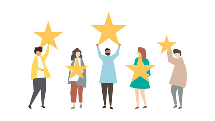 Happy people are holding review stars over their heads. Five stars rating. Customer review rating and client feedback concept. Modern vector illustration. Business illustration isolated on white